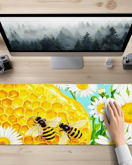 XL Mouse Pad Gaming Mousepad 31.5 x 11.8 Inch Large Keyboard Desktop Mat Diatomite Mouse Pad for Home and Office Desk Accessories with Honeycomb Bee Floral Artwork