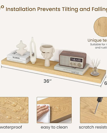 Dreamland 36Inch Floating Shelves for Wall, Rustic Wooden Floating Shelves for Bathroom|Bedroom|Kitchen, 2 Pack Deep Wall Mounted Book Shelf, Wood Storage Display Shelf for Home Decor, Oak