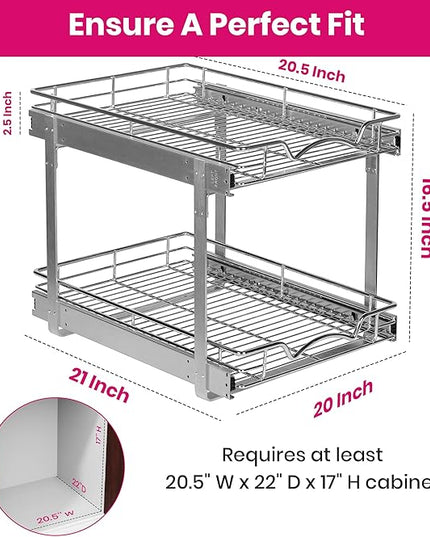 2-Tier Pull-Out Cabinet Organizer with Heavy-Duty Steel Frame, Full-Extension Sliding Shelves, Holds 100 lbs, Easy Install for Kitchen, Pantry & Under Sink Cabinets, 20" W x 21”D x 16.5" H