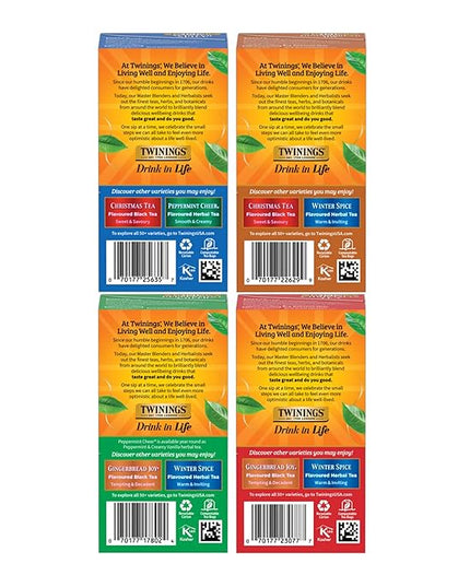 Twinings Holiday Variety Pack Tea Bags, Christmas Tea, Winter Spice, Gingerbread Joy, Peppermint Cheer, 20 Count (Pack of 4), Enjoy Hot or Iced, 80 Teabags