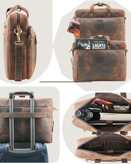 Handmade World Leather Briefcase For Men 'The Contemporary' Fits 17 Inch Laptop Computer Messenger Crossbody Shoulder Bag For Business Travel Office Work