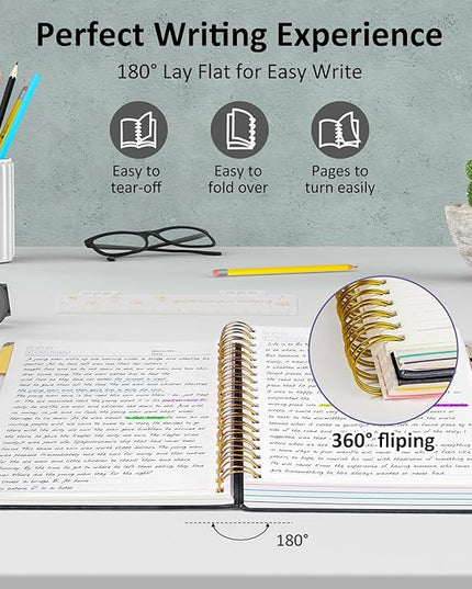 Hardcover Spiral Notebook Journal, 8"x10" Large B5 Notebooks with Removable Dividers Tabs, 300 Pages Leather 5 Subject Notebook College Ruled, Journal for Work School Note, 100 GSM Thick Paper,Black