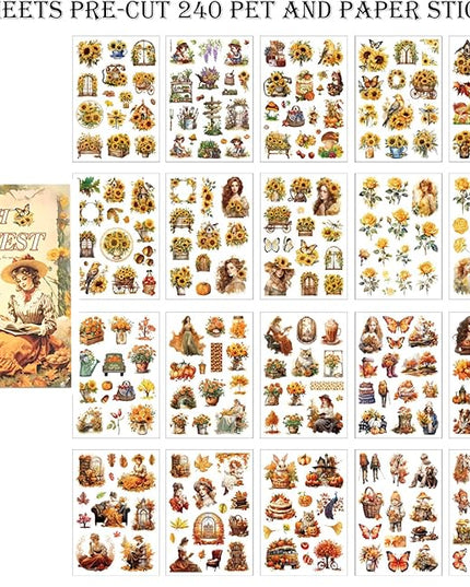 Auguro Scrapbook Stickers 20 Sheets 240 Pre-Cut Washi Stickers for Journaling PET Transparent Book Sticker Sunflower Sticker Decorative or DIY Paper Crafts, Arts and Crafting Projects