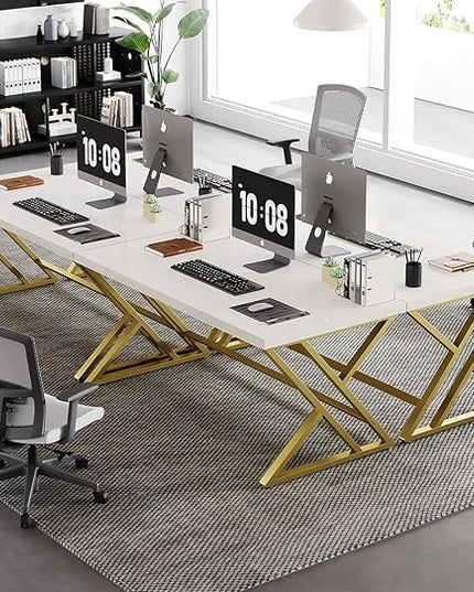 LVB White and Gold Desk, Modern Wood Home Office Computer Desk, Metal Study Executive Writing Table for Gaming Writing Work, Farmhouse Simple Compact Student PC Desk for Bedroom, 55 Inch