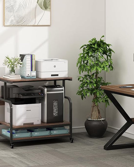 32.3" Wide Extra Large Printer Stand, 3 Tier Printer Table with Adjustable Storage Shelf, Rolling Printer Cart with Industrial Wheels for Home Office, Rustic Brown