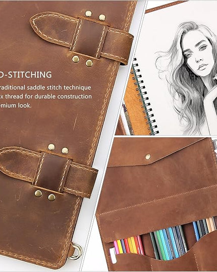 Robrasim Handmade Leather Sketchbook Cover, Artist Sketch Pad Holder for 11"X14" Sketchbook, Drawing Book and Pencil Case, Journal Notebook Portfolio with Shoulder Strap, Artist Gifts, Brown