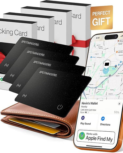 SPOTMINDERS Apple MFI Certified Wallet Tracking Card Black 4-Pack - Works with Apple Find My Rechargeable Tracker IP68 Waterproof 0.07in Slim iPhone Item Finder Smartcard for Luggage Tags Purse Keys