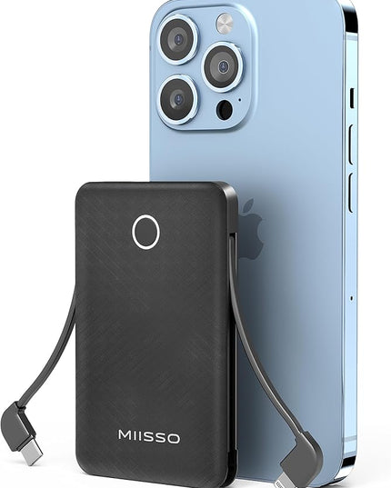 miisso 6000mah Ultra Slim Built in Cables Power Bank, Card Size Built in USB C Cords Battery Pack Portable Charger for Phones, 3 Output External Battery Pack Compatible with iPhone, Deep Black