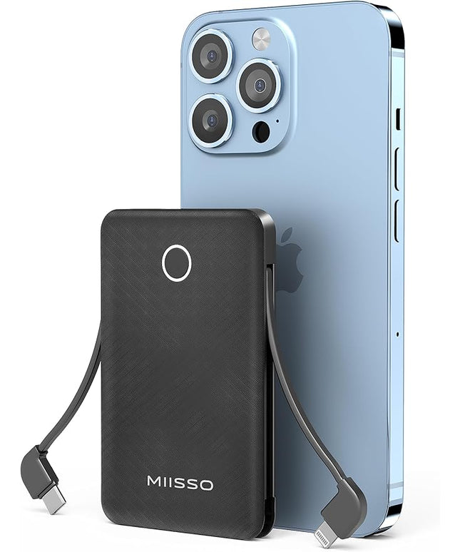 miisso 6000mah Ultra Slim Built in Cables Power Bank, Card Size Built in USB C Cords Battery Pack Portable Charger for Phones, 3 Output External Battery Pack Compatible with iPhone, Deep Black