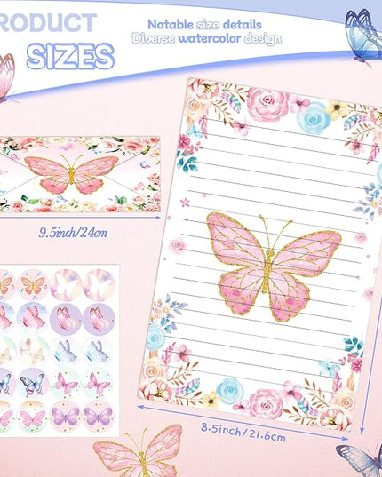 TaoBary 160 Pcs Stationery Paper Set 50 Double Sided Stationery Papers with 50 Matching Envelopes and 60 Round Dot Sticker, 10 Design(Watercolor Butterfly,8.5 x 11 Inch)