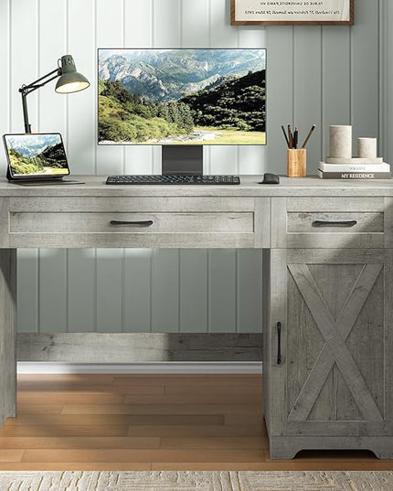 Vabches Farmhouse 51" Executive Desk,Computer Desk with Drawers and Storage Cabinet, Workspace for Home Office and Study.Grey
