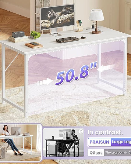 PRAISUN 54 X 20 Inch Office Computer Desk with Power Outlets and USB-C Port, Larger and Longer Gaming Desk, for Home Office, Study, Bedroom, Writing Work from Home Table, Metal Frame, White