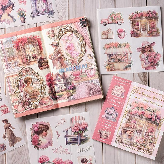 YagCu Garden Journaling Stickers, 50 Sheets Washi Junk Journal Sticker Book, Scrapbook Supplies, Watercolor Scrapbooking for Adults, Pink Decorative Ephemera Arts Craft
