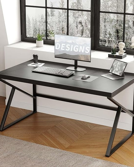 HSH Black Desk, Modern Industrial Home Office Computer Desk, Laptop PC Desk for Student Work Writing Study Gaming, Simple Metal and Wooden Computer Table in Bedroom Living Room Workstation, 55 Inch