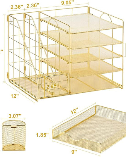 Marbrasse Rose Gold Desk Organizer with File Holder, 5-Tier Paper Letter Tray Organizer with Drawer and 2 Pen Holder, Mesh Desktop Organizer and Storage with Magazine Holder for Office Supplies