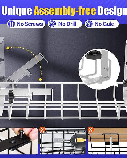 Under Desk Cable Management Tray, Xpatee Upgraded Wire Management No Drill No Screws, Cable Tray with Clamp for Wire Organizers, Computer Cord Rack for Office, Home - No Damage to Desk White