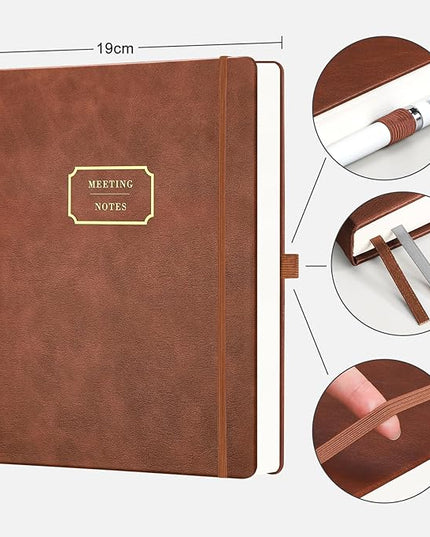 EMSHOI Meeting Notebook for Work with Action Items - 320 Pages B5 Thick Project Planner Agenda Organizer Work Notebook for Women Men Office Business Notes, PU Leather Hardcover, 7.5" x 10", Coffee