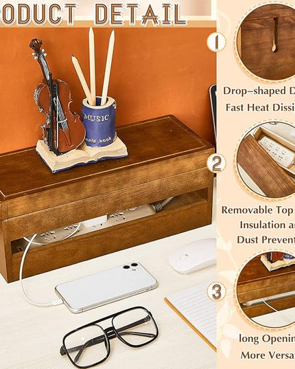 Hoteam 48 Pcs Wooden Cable Management Box Cable Organizer Box Set Power Strip Holder Cord Hider Clip Adhesive Management Ties Cord Sleeves for Desktop Home Office(Brown,Large)