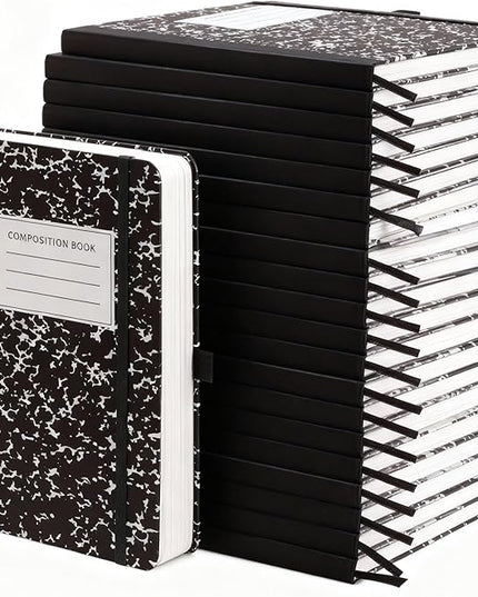 Laumoi 28 Pack PU Leather Lined Notebook Journal Bulk A5 Hardcover Notebook College Ruled 5.5 x 8.2 Inch Journal with Pen Holder for School Business Work Writing(Black,Marble)