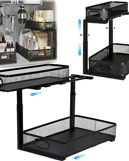 2 Pack Under Sink Organizer, Dual-Layer Pull Out Mesh Cabinet Rack with 5-Level Height Adjustment, Rust-Resistant Sliding Storage for Bathroom & Kitchen, Multi-Purpose 2-Tier Shelf(Black)