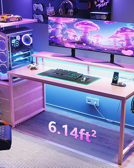 AODK 59 Inch Gaming Desk with USB Charging Ports & LED Light- Reversible Computer Desk with Storage Shelves & Monitor Stand, Modern Gamer Desk Table with Fabric Drawers & Side Hook, Carbon Fiber Pink