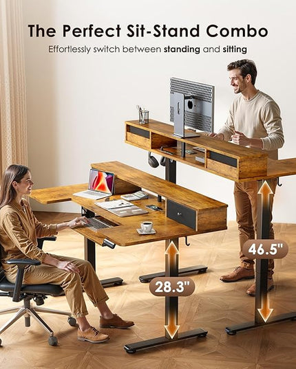 OffiGo U Shaped Electric Standing Desk with Drawers, 55 Inch Height Adjustable Desk with Keyboard Tray ＆ Ergonomic Monitor Stand, Sit Stand Table with Power Outlets for Home, Office, Rustic Brown