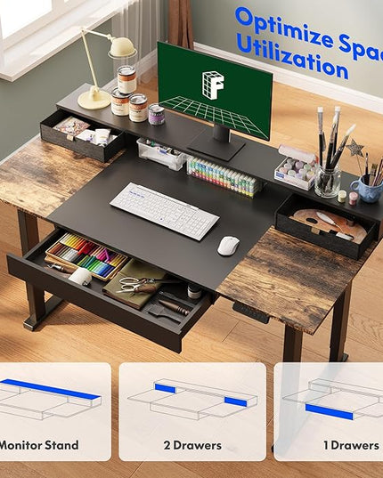FLEXISPOT 63x32 in 4-Leg Standing Desk with Storage Electric Adjustable Height with 3 Drawers & Shelving Home Office Workstation (Black + Special Walnut Top)