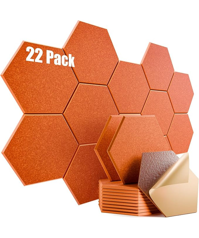 22 Pack Self-Adhesive Acoustic Panels 12" X 10" X 0.4" - Sound Proof Foam Panels with High Density, Hexagonal Design, Flame Resistant, Absorb Noise and Eliminate Echoes(Tangerine)