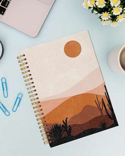 VNWEK Abstract Boho Desert Sun Cactus Landscape Spiral Notebook Journal 5.5×8.3 Inch,Boho Mid-Century Modern Art Lined Hardcover Spiral Notebook for Work Notes Journaling, Gifts for Women Girls