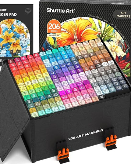 Shuttle Art 206 Colors Alcohol Markers, 204 Colors Dual Tip Art Marker Set Plus 2 Colorless Blender, Micro-tip Pens, White Highlighter Pens, Marker Bag Perfect for Students Adults Coloring