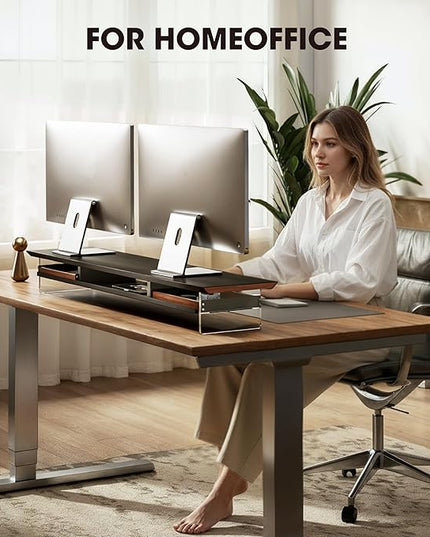 Fenge Dual Monitor Stand with Drawer, 42.5 Inch Large Monitor Riser with Acrylic Legs Supports, Computer Stand for Desk, 2 Tier Wood Desk Shelf with Storage Organizer for PC, Laptop, Printer, TV