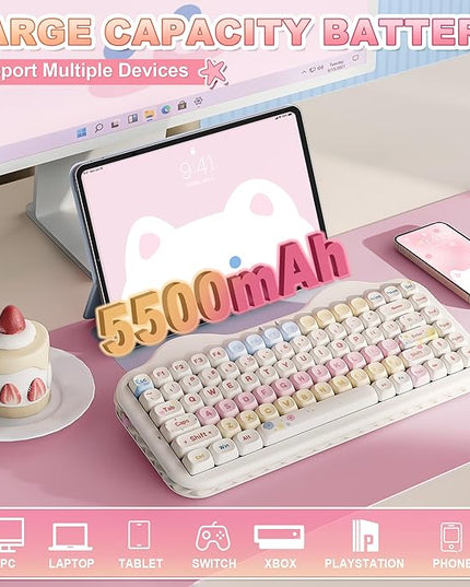YUNZII C75 Wireless Mechanical Keyboard,75% Layout, Hot-Swappable NKRO,BT5.0/2.4G/USB-C Mode,Dye-Sub PBT MOA Keycaps,RGB Gasket Mount,Cute Cake Design for Mac/Win/Gaming (Beige, Milk V2 Switch)