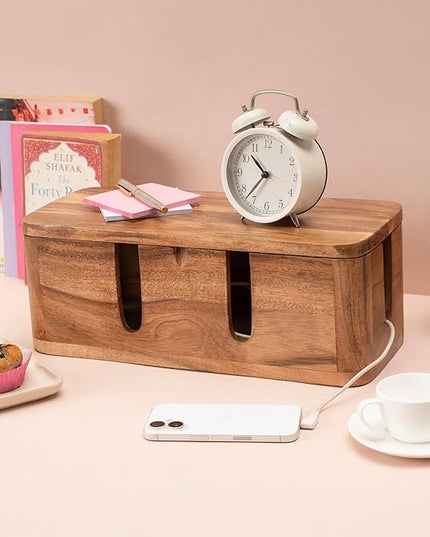 Cable Management Box & Cord Organizer- Cable Organizer for Desk, Home, Office. Hides Wires, Surge Protectors, Power Strips. Eco Friendly Mango Wood Cord Management Solution (Natural Acacia)