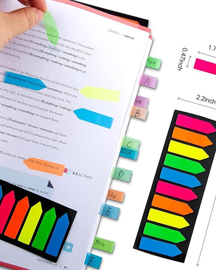 Golcellia Fluorescent Translucent Sticky Note Flags, 1200 Pcs Total, Pack of 10 Color Tabs, Arrow Index Tabs, Page Flag Markers