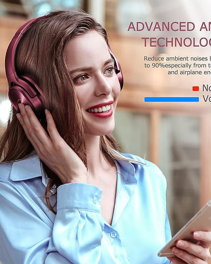 ZIHNIC Active Noise Cancelling Headphones, 40H Playtime Wireless Bluetooth Headset with Deep Bass Hi-Fi Stereo Sound,Comfortable Earpads for Travel/Home/Office (Red)