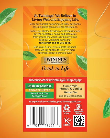Twinings Decaffeinated English Breakfast Individually Wrapped Bags, 20 Count (Pack of 6), Flavourful & Robust, Enjoy Hot or Iced, 120 Teabags