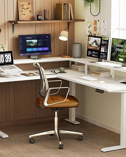 AODK Electric L Shaped Standing Desk, 59 Inch Height Adjustable Stand Up Desk with Power Outlets ＆ Full Monitor Stand, Reversible Corner Desk for Home Office ＆ Computer Workstation, White