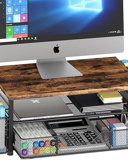 OPNICE Wood Desk Organizers and Accessories, 2-Tier Computer Monitor Stand Riser with Drawer and 2 Pen Holders, Laptop Stand, Office Desk Accessories for Office Supplies, Brown