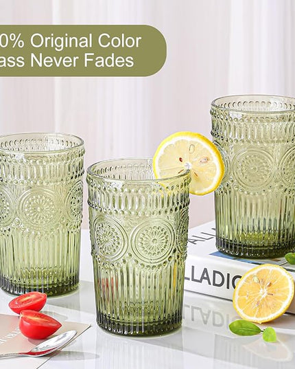 Vintage Glassware Drinking Glasses Set of 6,13 oz Green Textured Flower Design Glass Water Tumblers，Embossed Striped Drinkware for Water,Cocktails,Juice,Iced Coffee