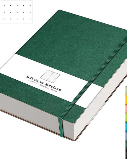 AHGXG Bullet Dotted Journal - Large A4 Notebook Dotted, 8.5''×11'', 320 Pages Dot Grid Notebook, 100gsm Thick Paper, Leather Softcover, with Journal Stencils, Inner Pocket - Green