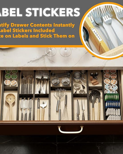 SpaceAid Bamboo Drawer Dividers with Inserts and Labels, Kitchen Adjustable Drawer Organizers, Expandable Organization for Home, Office, Dressers, 10 Dividers with 24 Inserts (17"-22" Black)