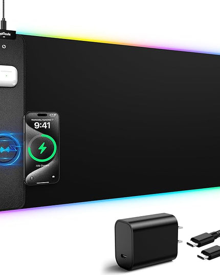 TopMade Wireless Charging RGB Mouse Pad, Waterproof Gaming Desk Mat with 4 Light Modes & 11 RGB Colors, 31.5"x15.75" XXL Large Desk Pad(Includes 20W PD Power Adapter & 6.56ft Woven Cable)