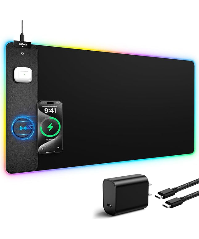 TopMade Wireless Charging RGB Mouse Pad, Waterproof Gaming Desk Mat with 4 Light Modes & 11 RGB Colors, 31.5"x15.75" XXL Large Desk Pad(Includes 20W PD Power Adapter & 6.56ft Woven Cable)