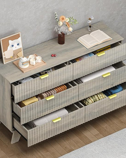 BORNOON Fluted 6 Drawer Dresser, 47.2" Wide Modern Boho Chest of Drawers, Wooden Storage Dresser TV Stand for Bedroom, Living Room, Closet, Hallway, Curved Profile Design