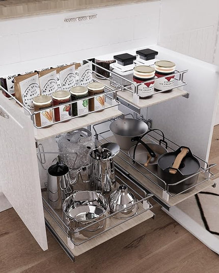 2 Tier Pull Out Cabinet Organizer 20" W X 22" D, Slide Out Drawers For Kitchen Cabinets, Pull Out Drawers For Cabinets Capacity Heavy Duty Caddy, Cabinet Pullout Shelves Wood Chrome, Pantry Storage