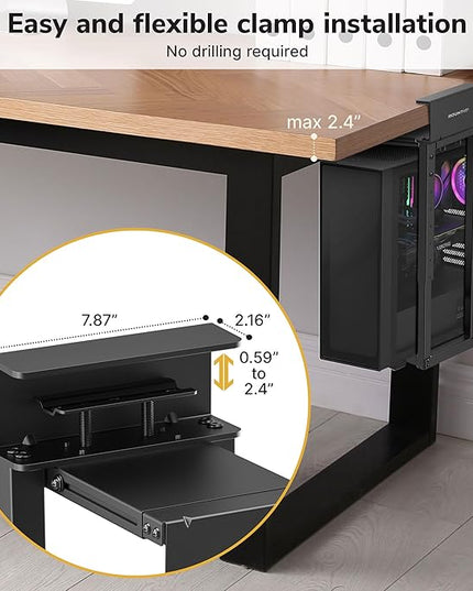Mount-It! Under Desk PC Mount for Standing Desk, Heavy-Duty Clamp-On CPU Holder, Adjustable Computer Tower Mount for Desk, No-Drill, 66 lb Capacity, Fits Mid & Full Towers