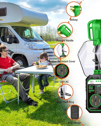 18000J RV Surge Protector 50 Amp Flag Design - Upgraded Power Surges Voltage Protection Circuit Analyzer IP68 Waterproof Cover for 50A RVS Camper Trailer Must Haves (50Amp, Green)