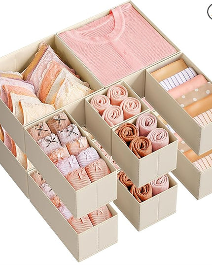 SONGMICS Drawer Organizers, Dresser Divider Organizers, Set of 12, Foldable Fabric Storage Boxes for Socks, Underwear, Bras, Ties, Scarves, Summer Sand URDZ006Y02