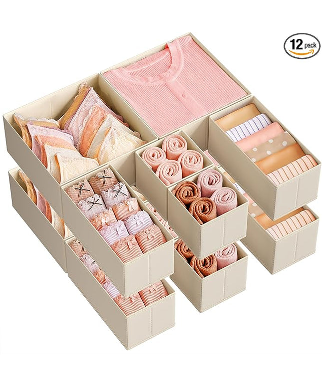 SONGMICS Drawer Organizers, Dresser Divider Organizers, Set of 12, Foldable Fabric Storage Boxes for Socks, Underwear, Bras, Ties, Scarves, Summer Sand URDZ006Y02