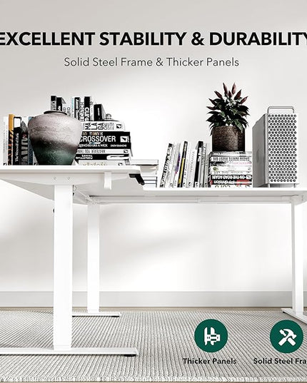 FEZIBO 63" x 55"L Shaped Standing Desk Adjustable Height, 63 Inch Electric Stand up Corner Computer Desk, Sit Stand Home Office Desk with Splice Board, White